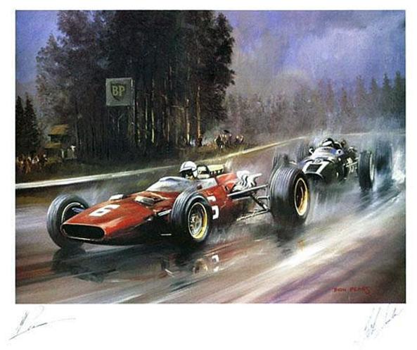 John-Surtees-memorabilia-John-Surtees-autograph-signed-motor-racing-f1-memorabilia-Ferrari-Spa-Francochamps-grand-prix-1966--My-Favourite-Race-artist-Dion-Pears-1981