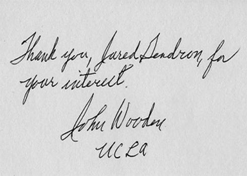 JOHN WOODEN (UCLA basketball coaching legend) signed thank you card.
