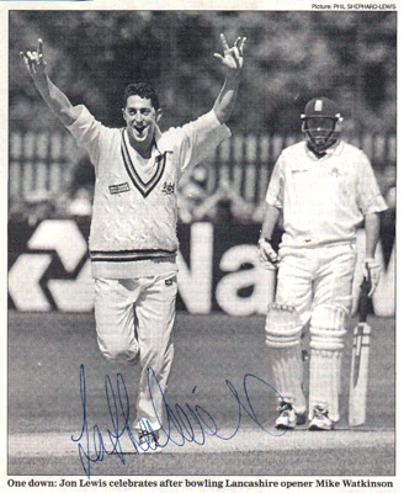 Jon-Lewis-autograph-signed-Gloucs-ccc-cricket-memorabilia-England-fast-bowler-gloucestershire-captain-coach-signature-newspaper-pic-bowled-lancs-ccc