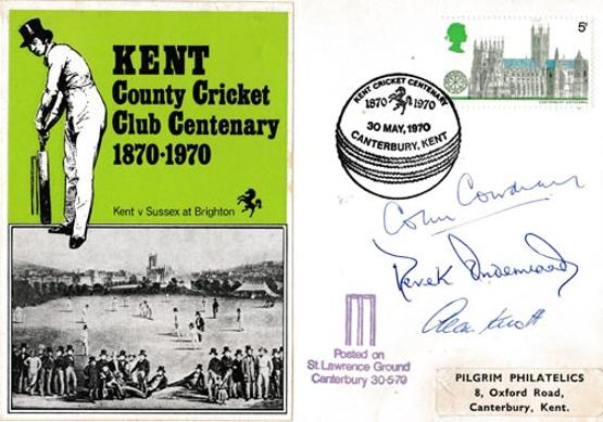 Kent-cricket-memorabilia-1870-1970-centenary-fdc-colin-cowdrey-signed-alan-knott-autograph-derek-underwood-kccc