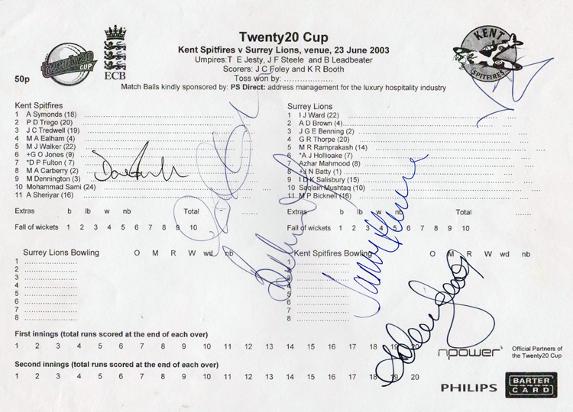Kent-cricket-memorabilia-KCCC-autographs-signatures-signed-T20-scorecard-Spitfires-v-Surrey-andrew-Symonds-autograph-Dave-Fulton-autograph-Twenty20