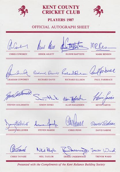 Kent-cricket-memorabilia-Kent-cricket-autographs-signed-KCCC-memorabilia-1987-team-sheet-Official-Autograph-Sheet-Kent-Reliance-Building-Society-Cowdrey-Tavare-Underwood