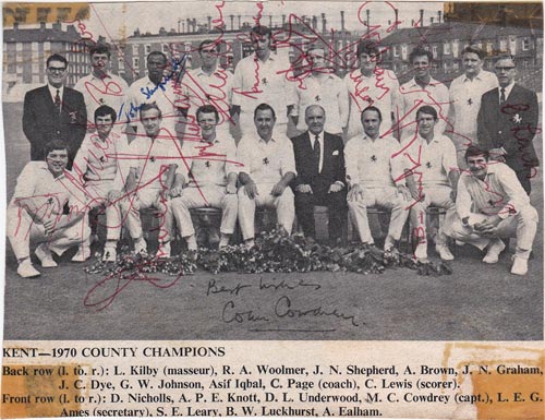 Kent-cricket-memorabilia-colin-cowdrey-signed-1970 county champions-team-photo-luckhurst-Woolmer-norman-Graham-johnson-ealham-asif-iqbal-underwood-knott-denness-autograph-kccc