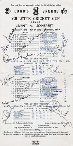 Kent-cricket-memorabilia-signed-1967-Gillette-Cup-Final-scorecard-Lords-KCCC-John-Shepherd-Alan Knott-Brown-Norman-Graham-champions-winners
