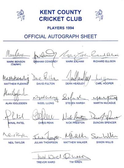 Kent-cricket-memorabilia-signed-1994-team-signatures-players-squad-cowdrey-autograph-sheet-kccc-duncan-spencer-carl-hooper-fleming-fulton-benson-walker-ward