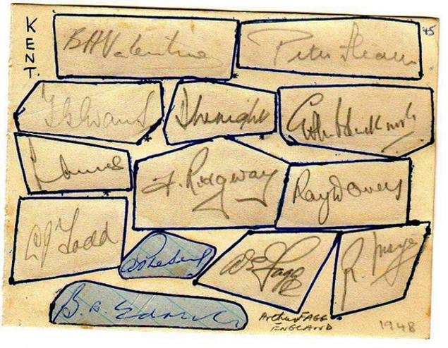 Kent-cricket-memorabilia-signed-team-sheet-1948-les-ames-autograph-Godfrey-Evans-autograph-Doug-Wright-Arthur-Fagg-Fred-Ridgway-Leslie-Todd-Bryan-Valentine-KCCC