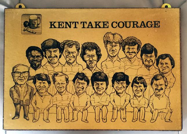 Kent-cricket-memorabilia-take-courage-beer-brewery-pub-sign-squad-team-kccc-1980s-breweriana-alan-knott-derek-underwood-luckhurst-dilley-benson-cowdrey-aslett