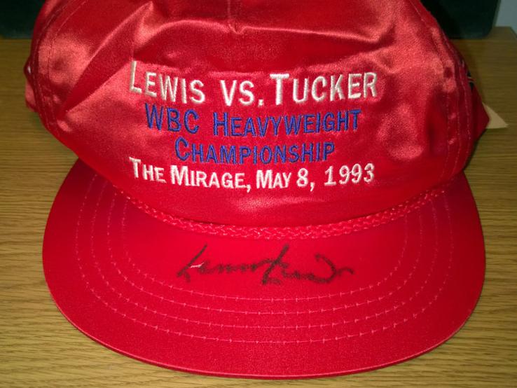 Lennox-Lewis-memorabilia-signed-Tony-Tucker-Mirage-Vegas-cap WBC-boxing memorabilia sports