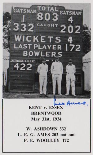 Les-Ames-autograph-signed-Kent-cricket-memorabilia-KCCC-v-Essex-CCC-Brentwood-1934-Ashdown-332-Woolley-172-LEG-Ames-202-not-out-record-803-for-4
