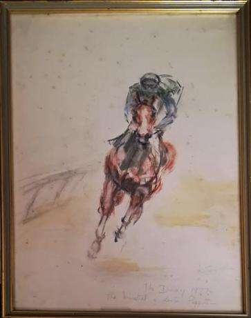 Lester-Piggott-signed-1977-Epsom-Derby-The-Minstrel-horse-racing-memorabilia-artist-Katherine-Welch-watercolour-art-work