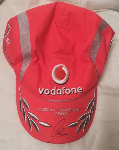 Lewis-Hamilton-autograph-signed-mclaren-mercedes-baseball-cap-formula-one-world-champion-2008-vodafone-first-1st-f1-memorabilia