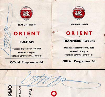 Leyton-Orient-football-memorabilia-vic-halom-autograph-signed-1968-69-programmes-brisbane-road-fulham-fc