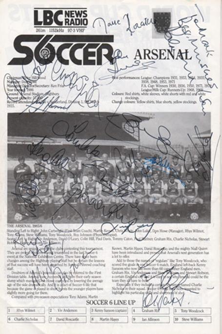 London-6-a-side-indoor-soccer-championships-programme-signed-Arsenal-FC-LBC-Wembley-Arena-Rix-Nicholas-Rocastle-Sansom-Anderson-football-memorabilia