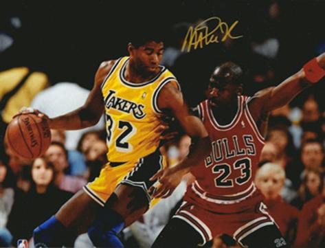 EARVIN 'MAGIC' JOHNSON (LA Lakers & US Dream Team) signed photo of him & Michael Jordan.