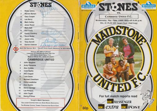Maidstone-United-football-memorabilia-signed-programme-Cambridge-1990-Kenny-Charlery-Tony-Sorrell-Darren-Oxbrow-Division-4-playoff-semi-final-2nd-leg-stones