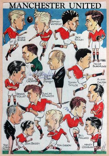 Manchester United Busby Babes signed caricature 1950s Matt Busby Bill Foulkes Jack Crompton Man Utd Munich