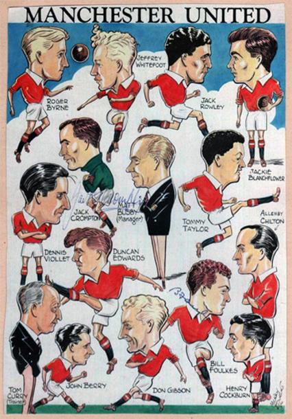 Manchester-United-Busby-Babes-signed-caricature-1953-Matt-Busby-Bill-Foulkes-Jack-Crompton-Man-Utd-Munich-1950s