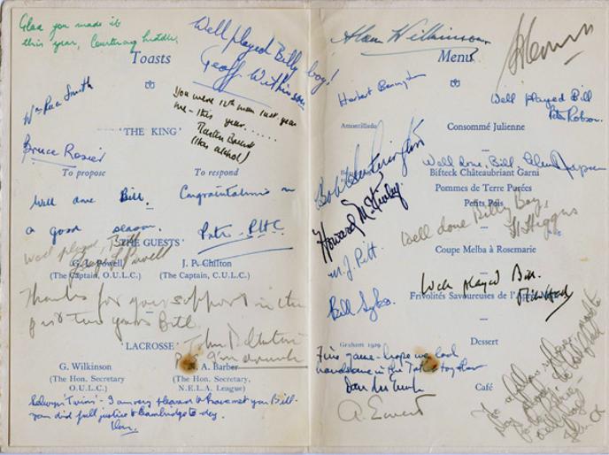Oxford-v-Cambridge-University-Lacrosse-memorabilia-Dinner-1950-1951-Brasenose-College-signed-player-autographs-oxbridge-blue-ribbons