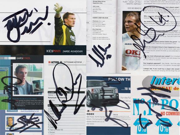 Portsmouth-football-memorabilia-signed-Pompey-Blue-programme-2005-West-Ham-United-fc-fratton-park-cover-autograph-signature