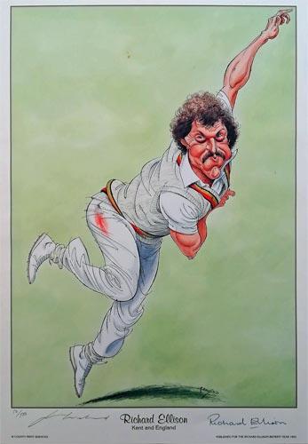 Richard-Ellison-autograph-signed-john-ireland-print-kent-cricket-1993-benefit-year-testimonial-england-bowler-elly-kccc