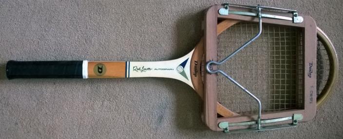 Rod-Laver-signature-Dunlop-wooden-tennis-racket-and-press-memorabilia