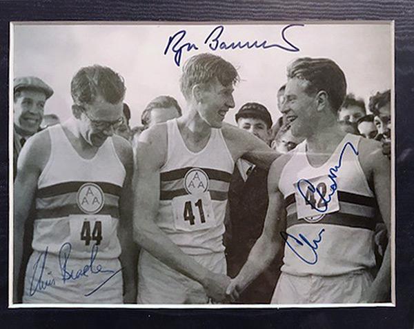 Roger-Bannister-autograph-signed-Athletics-memorabilia-sub-four-minute-mile-record-Sir-chris-brasher-chataway-signatures-pace-makers-history-iffley-road-oxford