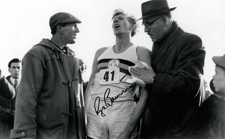 Roger-Bannister-autograph-signed-sub-four-minute-mile-photo-sir-iffley-road-oxford-1954-post-race-after-finish-world-record