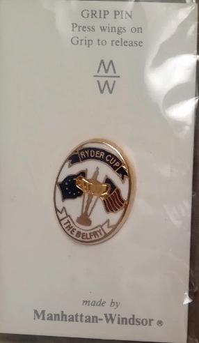 Ryder-cup-golf memorabilia-pin-badge-europe-v-usa-the belfry golf course logo-manhattan-windsor