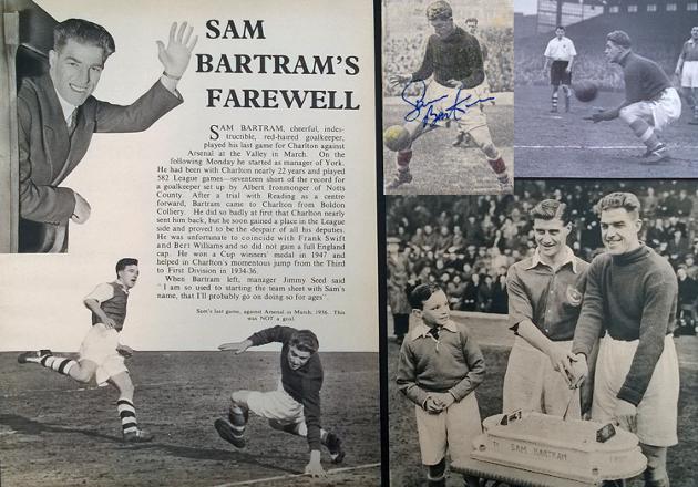 Sam-Bartram-memorabilia-autograph-signed-Charlton-Athletic-football-memorabilia-1950s-Addicks-goalkeeper-goalie-CAFC-Valley-montage-Farewell-career