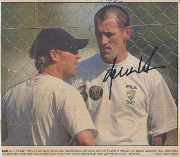 Shane-Warne-autograph-signed-australian-cricket-memorabilia-hampshire-CCC-Matthew-Elliott-autographs-hants-glamorgan-leg-spinner-signature