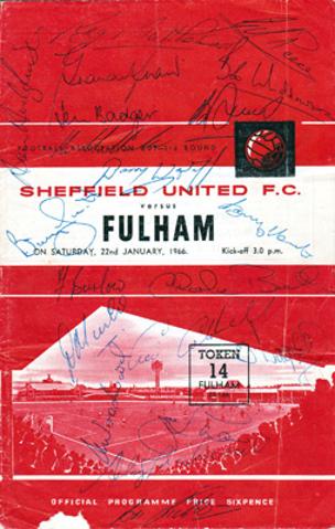 Sheffield-United-football-memorabilia-signed-match-day-programme-jan-1966-Fulham-len-badger-wagstaff-coldwell-reece-woodward-hodgkinson-alan-birchenall-blades-Sheff-Utd