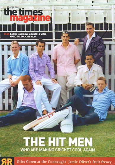 Simon-Jones-autograph-signed-Glamorgan-cricket-memorabilia-England-times-magazine-fashion-shoot-april-2002-owais-shah-ian-bell-james-foster-richard-dawson