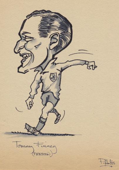 Sir-Tom-Finney-memorabilia-Preston-North-End-football-memorabilia-signed-cartoon-P-Hobbs-caricature-pen-pic-drawing