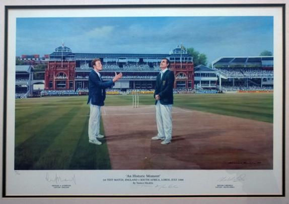 South-Africa-cricket-memorabilia-An-Historic-Moment-1st-Test-Match-England-Lords-July-1994-artist-Terence-Macklin-Michael-Atherton-signed-Kepler-Wessels-autograph-
