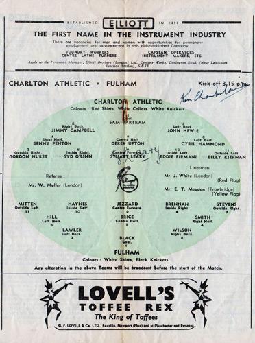 Stuart-Leary-autograph-Charlton-Athletic-football-memorabilia-signed-programme-1953-v-Fulham-portrait-picture-signature-Kent-Cricket-KCCC-ken-chamberlain