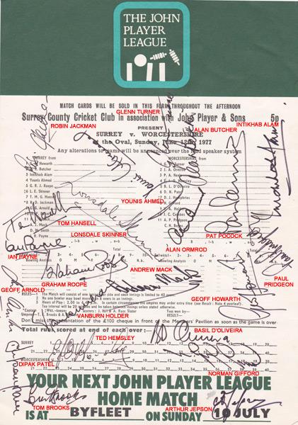 Surrey-cricket-memorabilia-1977-Worcestershire-John-Player-sunday-league-match-signed-scorecard--younis-ahmed-glenn-turner-doliveira-roope-butcher-howarth
