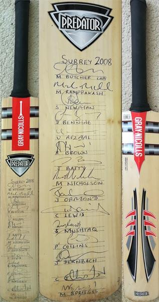 Surrey-cricket-memorabilia-2008-squad-signed-gray-nicolls-full-size-predator-bat-mark-ramprakash-autograph-butcher-saqlain-mushtaq-brown-lewis-pedro-collins-sccc