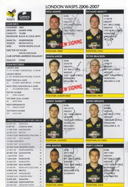 Wasps-rugby-memorabilia-signed-2006-London-double-header-Twickenham-programme-Guinness-Premiership--Richard-Birkett-autograph-peter-bracken-james-brooks