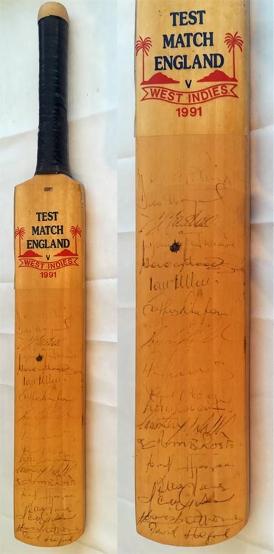 West-Indies-cricket-memorabilia-1991-squad-signed-mini-bat-brian-lara-autograph-richards-greenidge-haynes-ambrose-walsh-dujon-hooper-marshall-england-tour