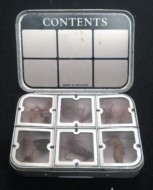 Wheatley-silmalloy-aluminium-six-window-fly-box-hand-tied-dry-wet-flies-fly-fishing-memorabilia-angling-equipment-tackle-sea-trout-salmon-grayling-lake-river-top-pocket