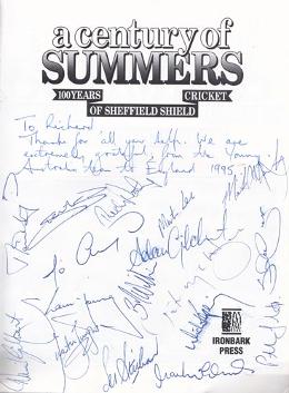 Young-Australia-cricket-memorabilia-1995-tour-england-squad-signed-book-a-century-of-summers-100-years-sheffield-shield-geoff-armstrong-autographs-ponting-gilchrist-hayden